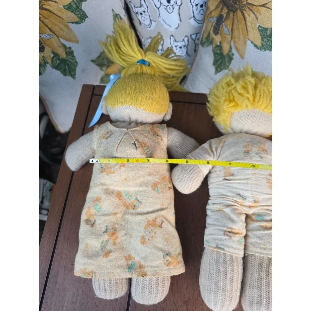 Vintage Knit Cloth Dolls Boy & Girl Pair Yellow Hair Yellow Animal Print Outfit